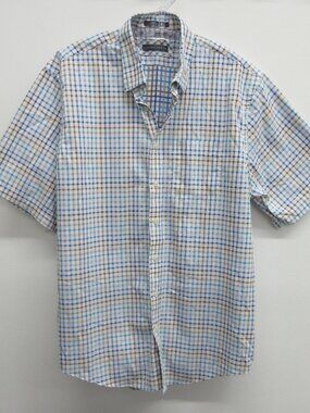 DAMON EASY CARE BUTTON UP SHIRT MENS XL SHORT SLEEVE WHITHE BROWN BLUE PLAID